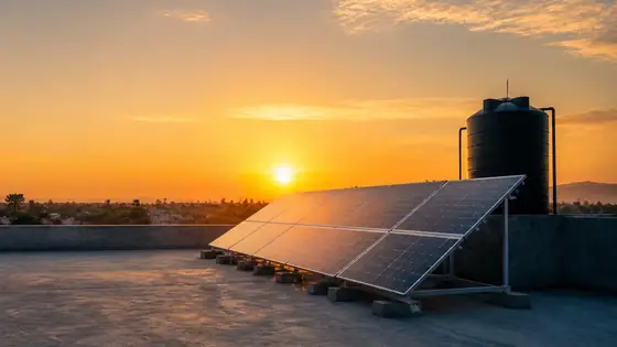 Solar panels on a rooftop at sunset