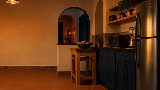 Kitchen with a refrigerator and microwave