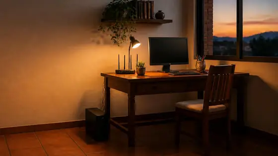 Desk with a computer, modem and UPS